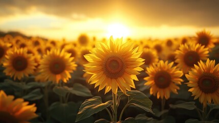 Obraz premium Sunlit Sunflower Field Sunset Summer Agriculture