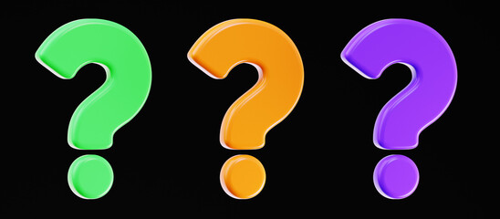 3D set of green, orange, purple colors question mark isolated on black background. FAQ problem solution symbol or icon. Have a question, question answer sign or problem. Realistic 3D illustration