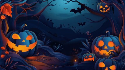 Spooky Halloween Festive Background with Jack-O-Lanterns and Bats