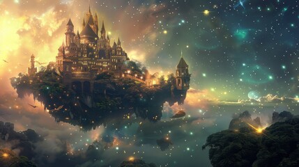 Enchanted Floating Castle Surrounded by Stars and Cosmic Wonders