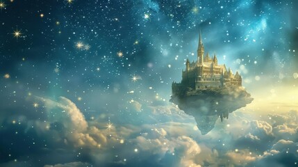 Enchanting Floating Castle in a Starry Night Sky Illustration