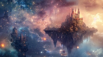 Ethereal Floating Castle in a Dreamlike Cosmic Background