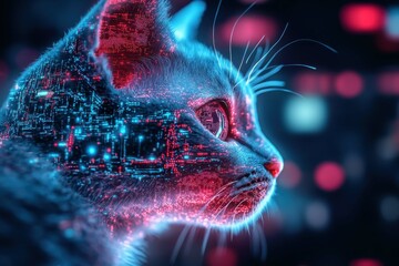 Digital cat illustration featuring neon colors and abstract technology elements with a futuristic...