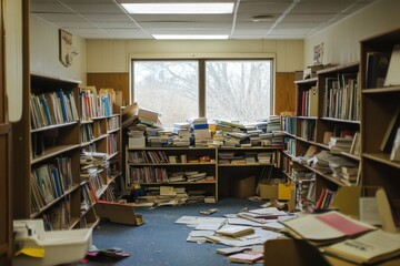Obraz premium Messy library interior with disorganized books and papers on the floor during daylight