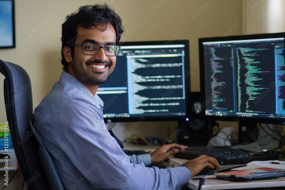 Poster young man coding in a modern workspace with dual monitors and focused expression during daytime hour