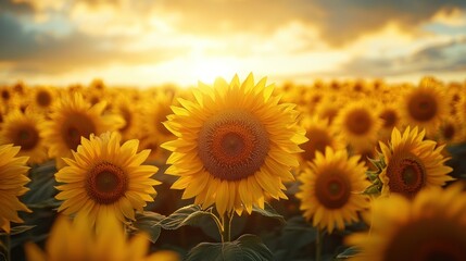 Fototapeta premium Sunlit sunflowers field sunset summer nature landscape