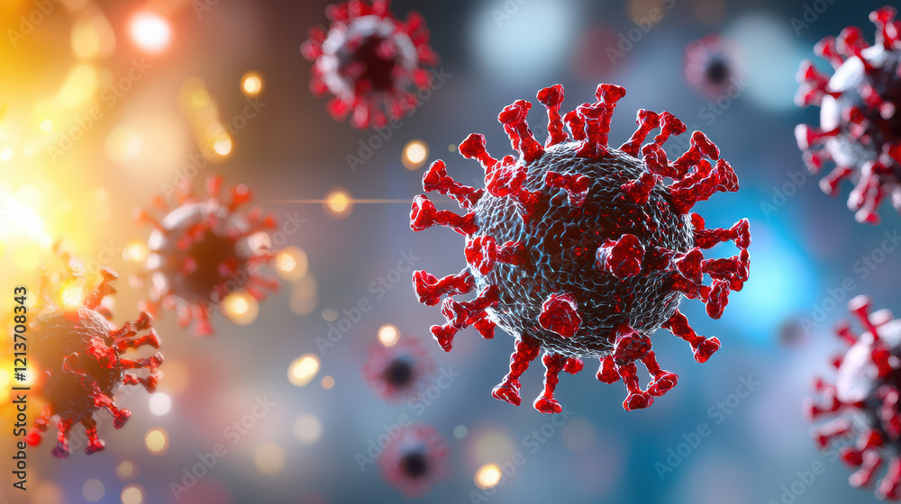 Poster detailed illustration of virus with red spikes, representing advanced technology in virus detection.