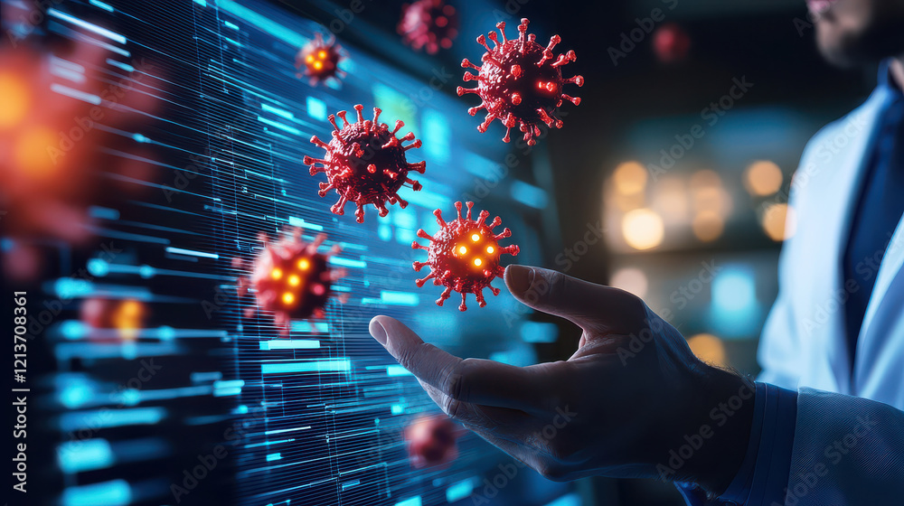 Poster Modern virus detection lab with advanced technology showcasing digital virus models and researcher interacting with data, emphasizing innovation in healthcare