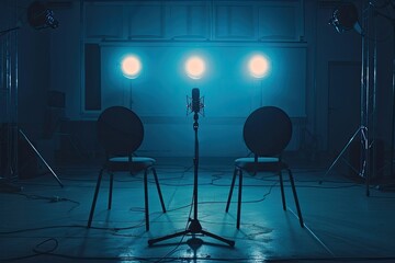 High Detail Visual of Two Chairs and Microphones in Podcast