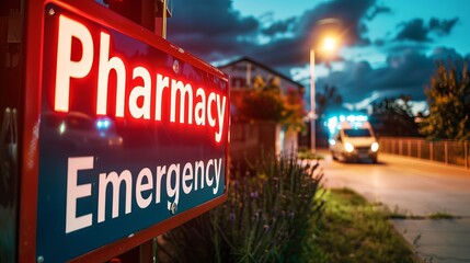 A bright red sign reading 'Pharmacy Emergency' illuminates the evening street, with an ambulance in the background under a dramatic sky.