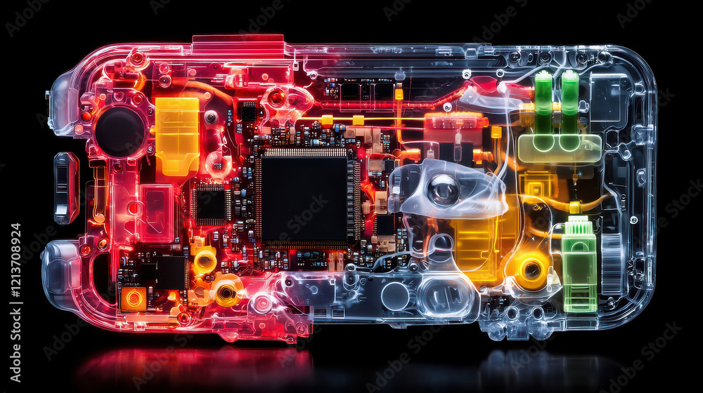 Poster Close up view of high tech device showcasing intricate internal components, illuminated in vibrant colors. detailed design highlights advanced technology within