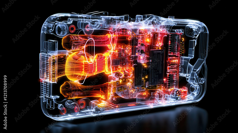 Aufkleber High tech device close up with visible internal components and glowing circuits. This X ray style image showcases intricate details and vibrant colors, emphasizing technology and innovation