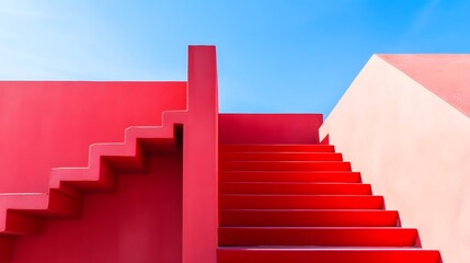 Bright Red Staircase Against A Clear Blue Sky