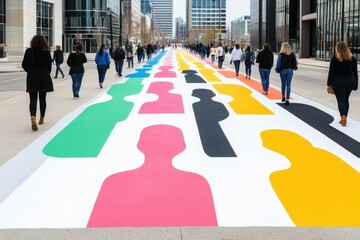 Colorful urban street mural promoting peace and equality in modern cityscape