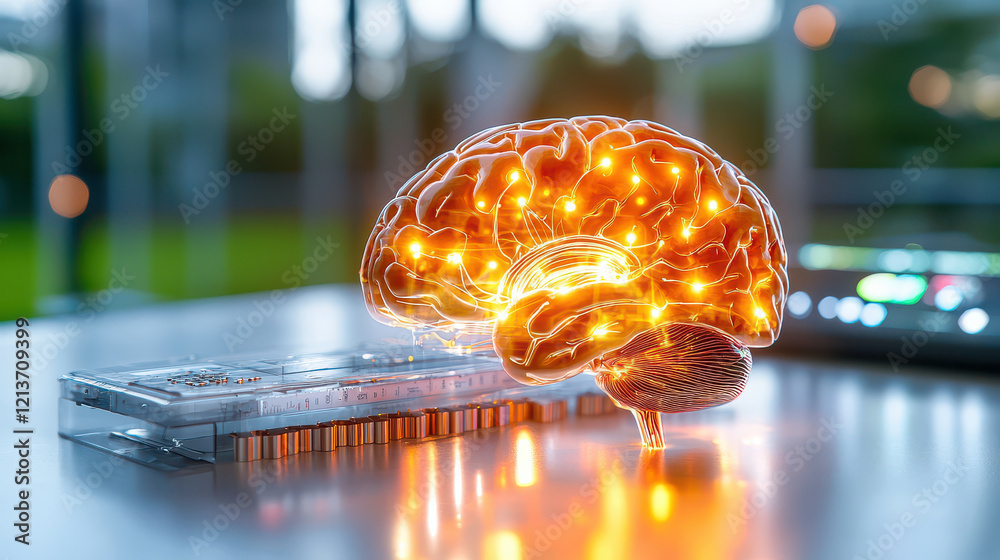 Poster glowing human brain model with neural connections, placed on table, symbolizes advanced technology a