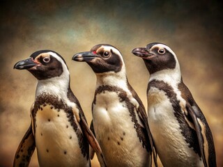 Obraz premium Vintage African Penguin Trio: Black-Footed Bird Photography, Spheniscus Demersus, Wildlife, Nature
