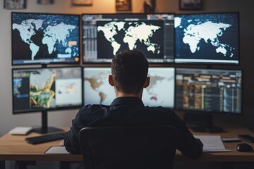 A worldwide operations control room where employees are managing international projects. The room, Generative AI