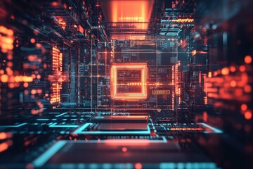 Exploring a futuristic digital landscape with vibrant lights and intricate circuitry