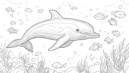 Obraz premium Dolphin swims among ocean fish