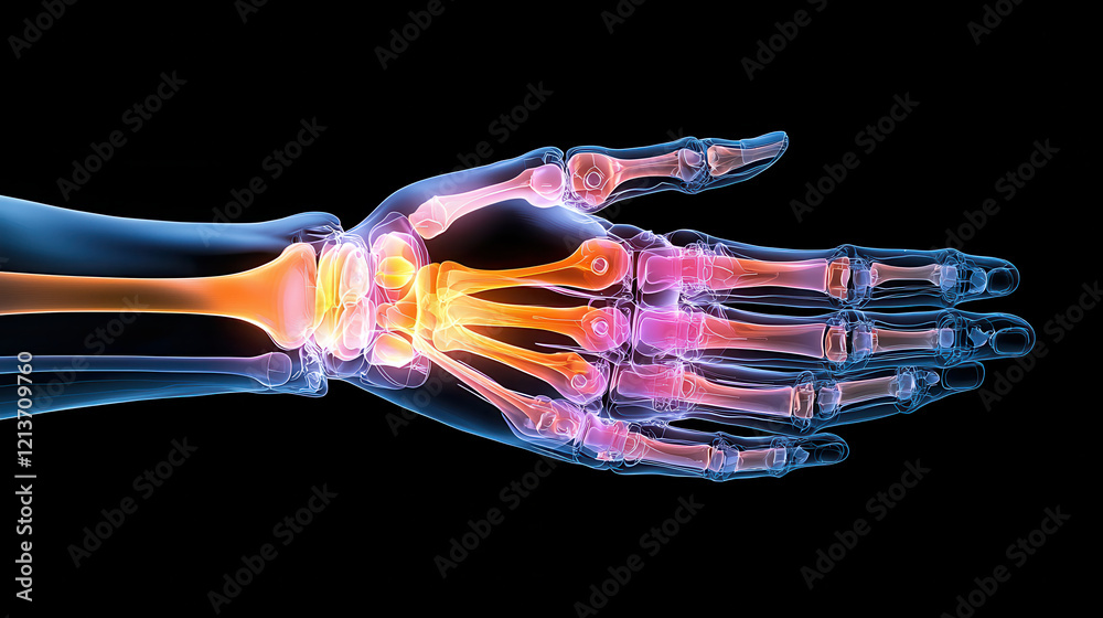 Poster X ray image of human hand showcasing bones and joints with vibrant colors. illustration highlights intricate structure and movement potential of hand