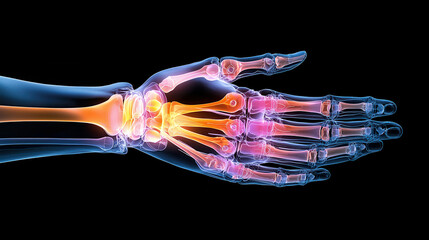 X ray image of human hand showcasing bones and joints with vibrant colors. illustration highlights intricate structure and movement potential of hand