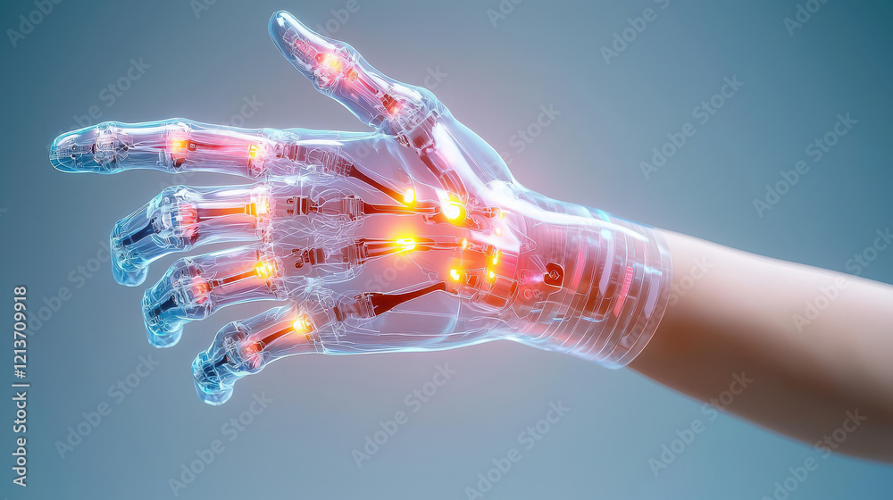 Poster futuristic robotic hand with glowing joints and intricate details, showcasing advanced technology and design. image evokes sense of innovation and possibility