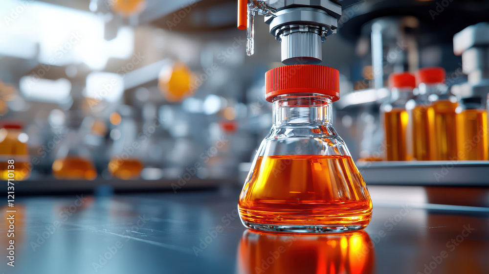 Leinwandbilder laboratory flask filled with orange liquid, showcasing advanced technology in futuristic lab environ