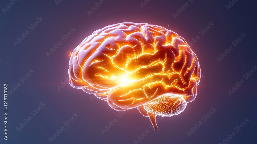 Poster glowing human brain with visible neural pathways, representing advanced technology and neuroscience.