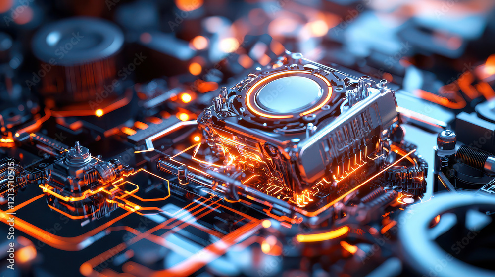 Poster close up view of modern technological device featuring intricate circuitry and glowing components, showcasing advanced engineering and design