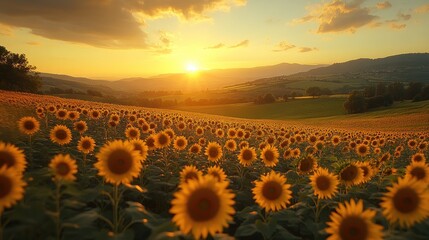 Fototapeta premium Sunflowers Sunset Tuscan Hillside Landscape