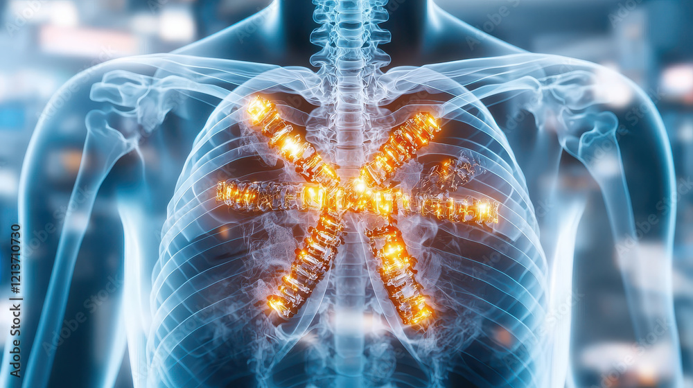 Fototapete x ray scan of human chest showing technological implants with glowing elements. this illustrates int