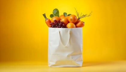 Fresh Produce in a Paper Bag Against a Bright Yellow Background