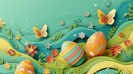 Abstract Joyful Easter Background with Colorful Eggs and Flowers
