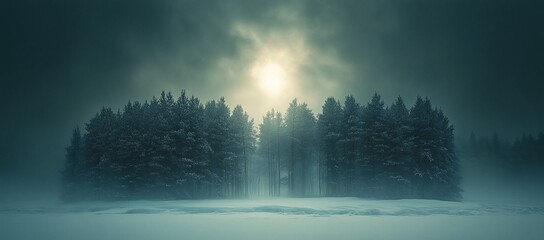 Enigmatic Winter Forest: A Mystical Scene of Snow-Covered Pines Under a Dim Sun