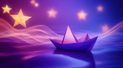 Obraz premium A serene scene featuring a purple origami boat on a tranquil surface with glowing stars.