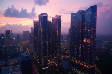 Fototapeta premium Stunning skyline at dusk showcasing modern skyscrapers and colorful clouds in urban landscape