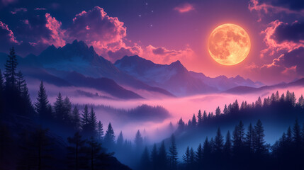March Full Moon, large and bright full moon in the night sky, soft light radiating from the shining moon over the mist-shrouded mountains, Ai generated images