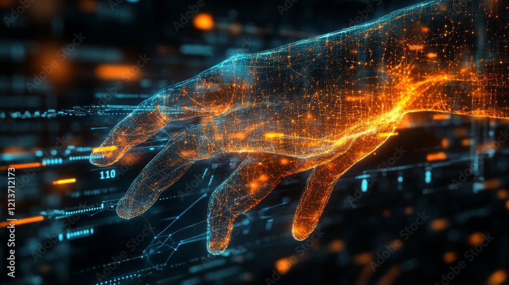Poster A glowing, digital hand reaches out to interact with vibrant data streams, showcasing advanced technology and innovation in a futuristic environment, emphasizing connection and information flow.