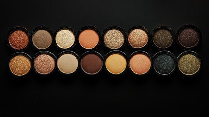 Eyeshadow palette, arranged, black background, cosmetics, product shot