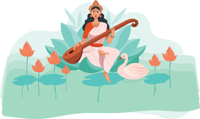Vasant Panchami Goddess Saraswati Illustration with Swan and Lotus Features Goddess Saraswati with her veena, swan, and lotus.