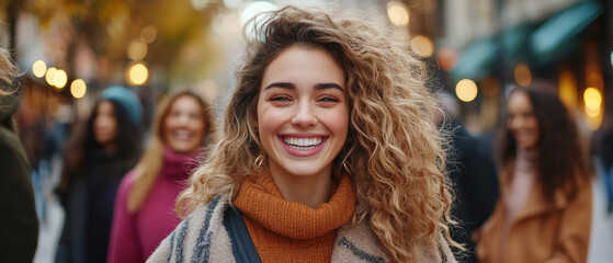 Fototapeta premium group of diverse friends walking confidently in city, smiling joyfully. scene captures vibrant atmosphere filled with warmth and camaraderie