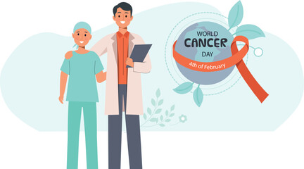 World Cancer Day Illustration with Patient and Doctor Highlights patient-doctor interactions and awareness for cancer care.