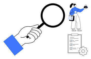 Hand holding magnifying glass, woman examining tablet with charts and graph, clipboard checklist with gear icon. Ideal for research, analysis, productivity, quality control, project management, data