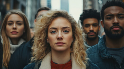Fototapeta premium diverse group of people standing together in urban setting, showcasing unity and strength. Their expressions convey determination and resilience, reflecting powerful moment