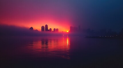 Naklejka premium A vibrant sunset over a city skyline shrouded in mist, reflecting on calm waters.