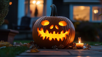 Fototapeta premium Carved pumpkin with spooky grin illuminated at night in festive autumn setting