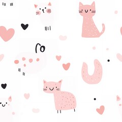 Cute and Playful Pattern Featuring Cats, Hearts, and Sheep Motifs