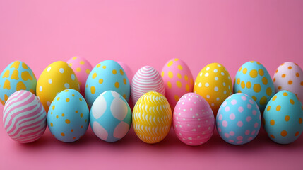 Fototapeta premium Colorful Easter eggs arranged on pink background create joyful decoration. vibrant patterns and hues evoke festive atmosphere, perfect for celebrating holiday
