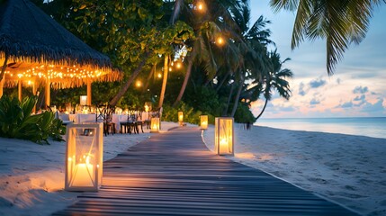 Candlelit pathway leading to a romantic beachfront dinner maldives travel photography serene evening coastal perspective