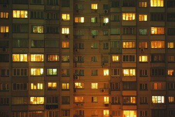 City apartment buildings illuminated at night with warm lights from various windows